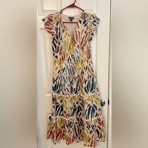 J Crew X Point Sur Ruffle Midi Dress Cotton Pom Pom Flutter Sleeve Size 4